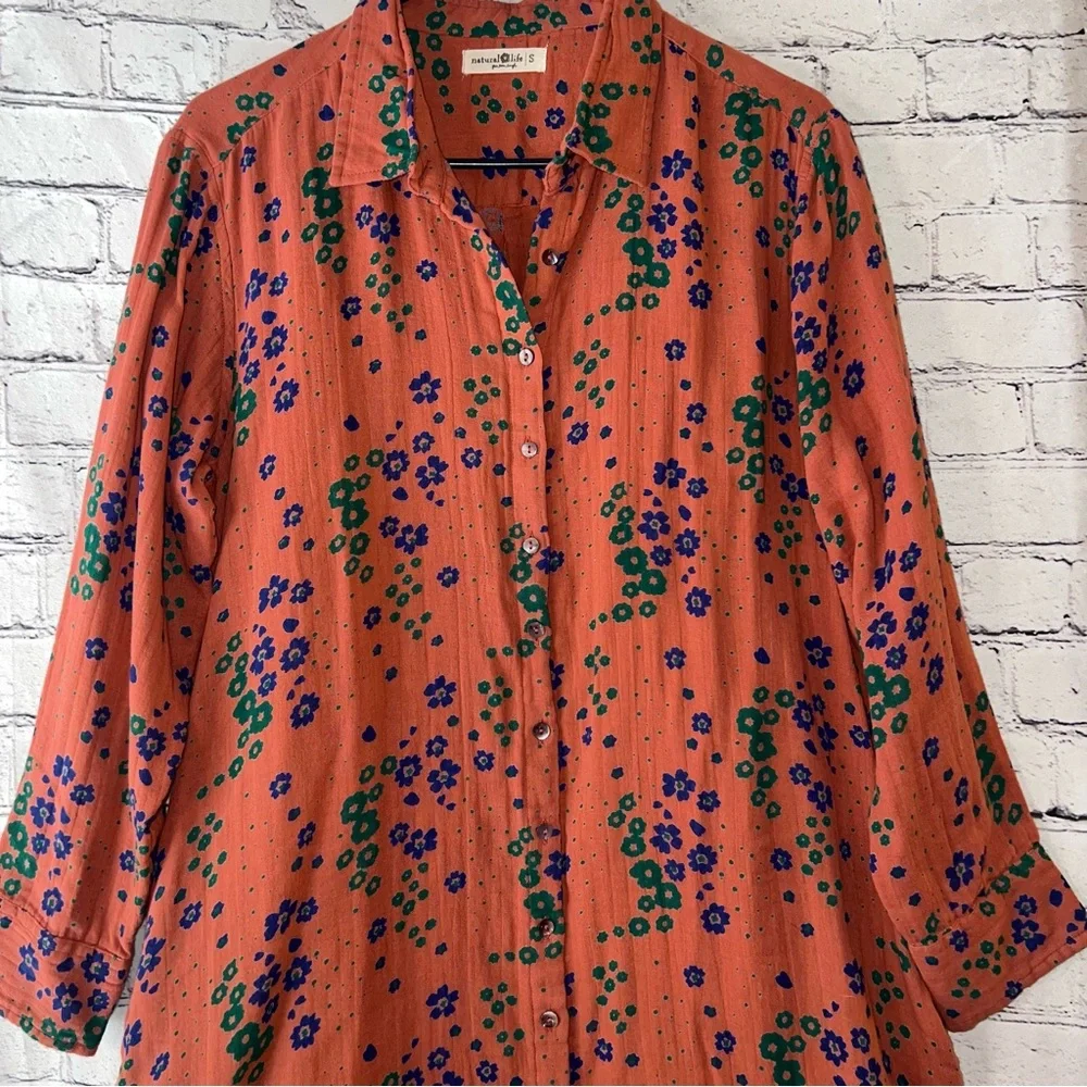 Natural Life Button Down Shirt Dress Cotton Orange with Floral Pattern Small - Picture 4 of 8